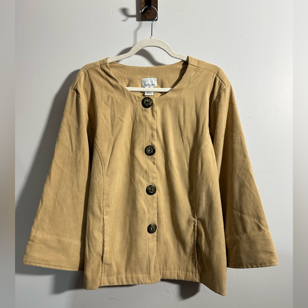 1830 Women's 3X Faux Suede Tan Button Front Waist Length Blazer | SKU 0335
